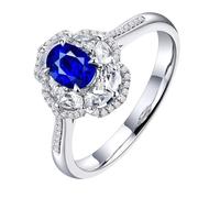 Homxi Trauringe Damen Ring 375 Weißgold, Blume und 4 Zinken Oval mit Saphir 0,67 Karat und Diamant, Hochzeitsringe Damen Blau Silber Ring, Gr. 56 (17.8)