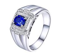 Homxi Trauringe Herrenring 9 Karat 375 Weißgold, Rechteck und Oval mit Saphir 0,71 Karat und Diamant, Verlobung Trauringe Herren Blau Silber, Größe 62 (19.7)