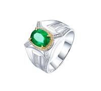 Homxi Verlobungsring Weißgold Ringe für Herren 18 K, 4 Zinken Oval mit Smaragd 1,89 Karat und Diamant, Silber Grün Ring Verlobung Herren, Gr. 61 (19.4)