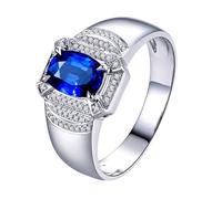 Homxi Verlobungsringe Herrenring Weißgold 18 K, 4 Zinken Oval mit Saphir 1,2 Karat und Diamant, Herren Ring Verlobungsring Blau Silber, Gr. 56 (17.8)