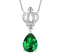 Homxi Women Pendant Necklace 14K White Gold, Crown and Water Drop with 0.81ct Emerald and Diamond, Women Chain Necklaces Silver Green Pendant