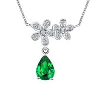 Homxi Women Pendant Necklace 9K White Gold, Flower and Water Drop with 0.81ct Emerald and Diamond, Women's Silver Green Chain Necklace