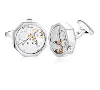 HONEY BEAR 1 Paar Herren Manschettenknöpfe Cufflinks Steampunk Uhrwerk Bewegung beweglich Edelstahl für Geschäftshochzeits geschenk mit Kasten,Rechteck (Silber)