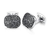 Honey Bear Herren Hochzeit Retro Muster Geschnitzt Manschettenknöpfe Cufflinks Edelstahl Manschettenknopf (Silber mit Schwarz) (Rechteck)