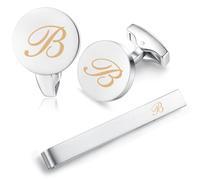 HONEY BEAR manschettenknöpfe & krawattennadel Krawattenklammer Set Initialen Buchstabe Herren Hochzeit Cufflinks Manschettenknopf Silber, 5.4cm (B)