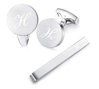 HONEY BEAR Manschettenknöpfe Krawattennadel Set Initialen Buchstabe Herren Edelstahl Hochzeit Cufflinks Manschettenknopf Silber (H Set)