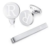 HONEY BEAR manschettenknöpfe & krawattennadel Set Initialen Buchstabe Herren Edelstahl Hochzeit Cufflinks Manschettenknopf Silber，A-Z,MEHRWEG (R)