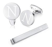 HONEY BEAR manschettenknöpfe & krawattennadel Set Initialen Buchstabe Herren Edelstahl Hochzeit Cufflinks Manschettenknopf Silber，A-Z,MEHRWEG (N)