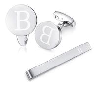 HONEY BEAR manschettenknöpfe & krawattennadel Set Initialen Buchstabe Herren Edelstahl Hochzeit Cufflinks Manschettenknopf Silber，A-Z (B)