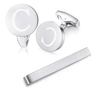 HONEY BEAR manschettenknöpfe & krawattennadel Set Initialen Buchstabe Herren Edelstahl Hochzeit Cufflinks Manschettenknopf Silber，A-Z,MEHRWEG (C)