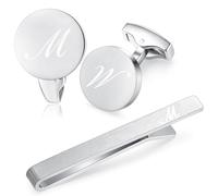 HONEY BEAR Manschettenknöpfe Krawattennadel Set Initialen Buchstabe Herren Hochzeit Cufflinks Manschettenknopf Silber (Dicker M Set)
