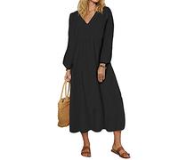 HONGBI Damen Große Größe Beiläufiges Loses Kleid Einfarbig Langarm Böhmischer Langer Kleid V-Ausschnitt Schmale Manschette Leinen Strandparty Langer Kleid Dunkelblau L