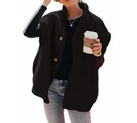 Hongqizo Damen Flauschige Fleece-Weste, lässig, übergroß, warm, mit Knopfleiste, Sherpa-Weste mit Taschen, schwarz, Small