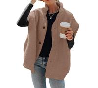 Hongqizo Flauschige Fleece-Weste für Damen, lässig, übergroß, warm, Knopfleiste, Sherpa-Weste mit Taschen, Hellkhaki, M