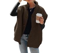 Hongqizo Flauschige Fleece-Weste für Damen, lässig, übergroß, warm, Knopfleiste, Sherpa-Weste mit Taschen, Kaffee, XXL
