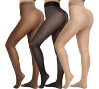 HONGTEYA 3 Paar Fleece-gefütterte Strumpfhosen für Damen - warme, durchsichtige Strumpfhosen für den Winter, Thermo-Leggings, Durchscheinendes Schwarz + Kaffee + Hautfarben, L