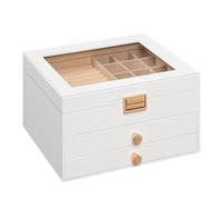 HOOBRO 3-stöckiger Schmuckkästen, Schmuckbox, Schmuckaufbewahrung, Samtfutter und Klappdeckel, 2 Schubladen und transparentes Acrylfenster, für Halsketten, Armbänder, Ringe und Uhren, Weiß EWT26JB04