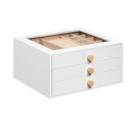 HOOBRO Modernes Schmuckkästchen mit 3 Schubladen, Schmuckbox mit Glasfenster und Samt, Schmuckaufbewahrung, Schmuckschatulle, 23 x 20 x 12 cm, Schmuck-Organizer für Ringe, Weiß EWT24JB04