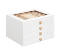 HOOBRO Modernes Schmuckkästchen mit 4 Schubladen, Schmuckbox mit Glasfenster und Samt, Schmuckaufbewahrung, 23 x 20 x 15,6 cm, Schmuck-Organizer für Ringe, Halsketten, Weiß EWT25JB04
