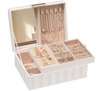 HOOBRO Schmuckkästchen, Schmuckkasten mit 2 Ebenen, Schmuckaufbewahrung, Schmuckbox, mit herausnehmbarem Tablett, PU-Kunstleder mit Nähten, für Ohrringe, Halsketten, Armbänder, Ringe, Weiß EWT15JB04G1