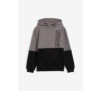 Kapuzensweatshirt BONPRIX "Hoodie aus reiner Baumwolle", Jungen, Gr. 140/146, grau (rauchgrau, schwarz bedruckt), Sweatware, Obermaterial: 100% Baumwolle, colorblocking, normal hüftbedeckend, Rundhals