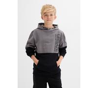Kapuzensweatshirt BONPRIX "Hoodie aus reiner Baumwolle", Jungen, Gr. 152/158, grau (rauchgrau, schwarz bedruckt), Sweatware, Obermaterial: 100% Baumwolle, normal hüftbedeckend, Rundhals, Bündchen, Swe