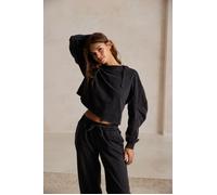 Hoodie BUFFALO, Damen, Gr. 44/46, grau (dunkelgrau), Obermaterial: 100% Baumwolle, unifarben, used, loose fit kurz, Rippbündchen, Sweatshirts Hoodie, Kapuzenpullover im Used-Look, Loungewear (51722719