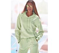 Hoodie BUFFALO, Damen, Gr. 44/46, grün (jade), angeraute Sweatware, Obermaterial: 60% Baumwolle, 40% Polyester, unifarben, bequem lang, Rippbündchen, Sweatshirts Hoodie, mit Statement Druck, Loungeanz