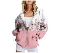 Hoodie Damen Oversize Sport Style Hoodies Sweatjacke Gefüttert Blumenmuster Sportjacke Übergangsjacke Solid Kapuzenpulli Drucken Weiße (B Pink,XL)