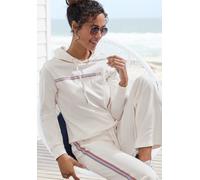 Hoodie H.I.S, Damen, Gr. 32/34, beige (ecru), Interlock, Obermaterial: 60% Baumwolle, 40% Polyester, unifarben, bedruckt, Basic, bequem hüftlang, Langarm Rippbündchen, Sweatshirts, mit Streifenprint,