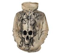Hoodie Herren Oversize Winter Kapuzenpulli 3D Druck Retro-Totenkopf Schmetterling Casual Sweatshirt Gothic-Tattoo Hip Hop Outdoor Kapuzenpullover Beige Hoodie Langarm Pullover Mit Taschen Kordelzug
