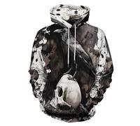 Hoodie Herren Oversize Winter Kapuzenpulli 3D Gotischer Rabe Totenkopf Casual Sweatshirt Tintenklecks-Kunst Hip Hop Outdoor Kapuzenpullover Schwarzer Hoodie Langarm Pullover Mit Taschen Kordelzug