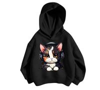 Hoodie Mädchen Niedlicher Katzen-Druck Lässig Locker Kapuzenpullover Frühling Langarm Pullover Sweatshirt mit Kapuzen Langarmshirt Oberteile für 3-12 Jahre (Z1-Black, 7-8 Years)