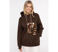 Hoodie ZWILLINGSHERZ ""Alissa Shiny"", Damen, Gr. S/M, braun (schwarz braun), Sweatware, Obermaterial: 50% Baumwolle, 50% Polyester, Sweatshirts Hoodie, glänzender Print, Daumenloch, Kordel, gestickte