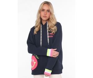 Hoodie ZWILLINGSHERZ "Always Happy", Damen, Gr. L/XL, blau (navy), Sweatware, Obermaterial: 50% Baumwolle, 50% Polyester, unifarben, normal hüftbedeckend, V-Ausschnitt, Sweatshirts Hoodie, Smiley aus