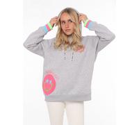 Hoodie ZWILLINGSHERZ "Always Happy", Damen, Gr. L/XL, grau, Sweatware, Obermaterial: 50% Baumwolle, 50% Polyester, unifarben, normal hüftbedeckend, V-Ausschnitt, Sweatshirts Hoodie, Smiley aus Frottee