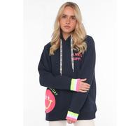 Hoodie ZWILLINGSHERZ "Always Happy", Damen, Gr. S/M, blau (navy), Sweatware, Obermaterial: 50% Baumwolle, 50% Polyester, unifarben, normal hüftbedeckend, V-Ausschnitt, Sweatshirts Hoodie, Smiley aus F