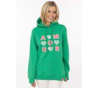 Hoodie ZWILLINGSHERZ "AMOUR", Damen, Gr. S/M, grün (dunkelgrün), Sweatware, Obermaterial: 50% Baumwolle, 50% Polyester, Sweatshirts Hoodie, gesticktes Motiv mit Herzen und Spitze, Kapuze, Kängurutasch