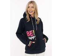 Hoodie ZWILLINGSHERZ "Be Happy", Damen, Gr. S/M, schwarz (marine), Sweatware, Obermaterial: 50% Baumwolle, 50% Polyester, Sweatshirts Hoodie, gestreifte Bündchen, Aufdruck auf Brust, Kapuze, Känguruta