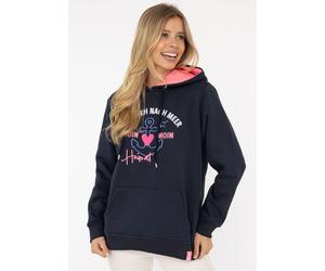 Hoodie ZWILLINGSHERZ "Fernweh nach Meer", Damen, Gr. SM (S/M), blau (marine), Obermaterial: 50% Baumwolle, 50% Polyester, comfort fit hüftbedeckend, V-Ausschnitt, Sweatshirts Hoodie, mit maritimer Sti