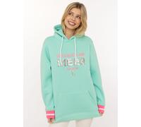 Hoodie ZWILLINGSHERZ "Glücklich am Meer", Damen, Gr. L/XL, grün (mint), Sweatware, Obermaterial: 50% Baumwolle, 50% Polyester, regular fit hüftlang, V-Ausschnitt, angesetztes Bündchen, Sweatshirts Hoo