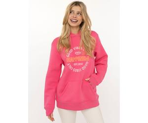 Hoodie ZWILLINGSHERZ "Good Vibes", Damen, Gr. S/M, mittelpink, Sweatware, Obermaterial: 50% Baumwolle, 50% Polyester, normal hüftbedeckend, V-Ausschnitt, Sweatshirts Hoodie, gestickter Schriftzug, Kap