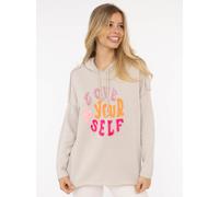 Hoodie ZWILLINGSHERZ ""Love Yourself"", Damen, Gr. L/XL, beige, Web, Obermaterial: 70% Baumwolle, 30% Polyester, bedruckt, unifarben, hüftbedeckend, ohne Ausschnitt, Sweatshirts Hoodie, Kapuze, Flockp