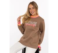 Hoodie ZWILLINGSHERZ "Love Yourself", Damen, Gr. L/XL, braun (mittelbraun), Sweatware, Obermaterial: 50% Baumwolle, 50% Polyester, Sweatshirts Hoodie, Rundhals, gestreifte Neon-Bündchen, gestickter Sc
