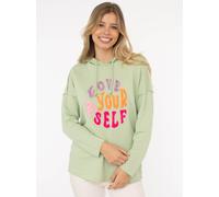 Hoodie ZWILLINGSHERZ ""Love Yourself"", Damen, Gr. S/M, grün, Web, Obermaterial: 70% Baumwolle, 30% Polyester, bedruckt, unifarben, hüftbedeckend, ohne Ausschnitt, Sweatshirts Hoodie, Kapuze, Flockpri