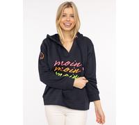Hoodie ZWILLINGSHERZ "Moin Moin Moin", Damen, Gr. S/M, blau (marine), Jersey, Obermaterial: 50% Baumwolle, 50% Polyester, unifarben mit Farbeinsätzen, hüftbedeckend, V-Ausschnitt, Sweatshirts Hoodie,