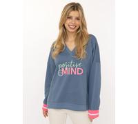 Hoodie ZWILLINGSHERZ "Positive Mind", Damen, Gr. L/XL, jeans, Sweatware, Obermaterial: 50% Baumwolle, 50% Polyester, bequem hüftlang, V-Ausschnitt, Sweatshirts Hoodie, neonfarbenen Bündchen, V-Ausschn