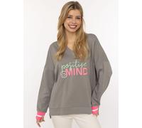 Hoodie ZWILLINGSHERZ "Positive Mind", Damen, Gr. L/XL, mittelgrau, Sweatware, Obermaterial: 50% Baumwolle, 50% Polyester, bequem hüftlang, V-Ausschnitt, Sweatshirts Hoodie, neonfarbenen Bündchen, V-Au