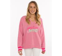 Hoodie ZWILLINGSHERZ "Positive Mind", Damen, Gr. S/M, mittelpink, Sweatware, Obermaterial: 50% Baumwolle, 50% Polyester, bequem hüftlang, V-Ausschnitt, Sweatshirts Hoodie, neonfarbenen Bündchen, V-Aus