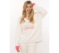 Hoodie ZWILLINGSHERZ "Positive Mind", Damen, Gr. S/M, weiß, Sweatware, Obermaterial: 50% Baumwolle, 50% Polyester, bequem hüftlang, V-Ausschnitt, Sweatshirts Hoodie, neonfarbenen Bündchen, V-Ausschnit